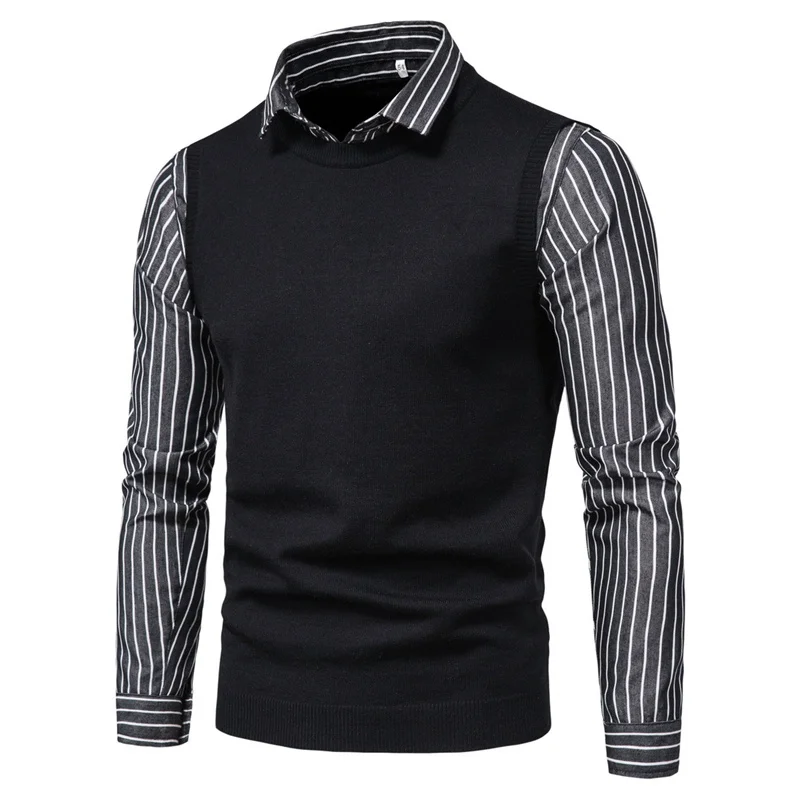 

2020 New Fake Two Mens Sweater Casual Stripe Spliced Lapel Pullovers Sweater Men Autumn Simple Slim Men's Sweater Size M-XXL
