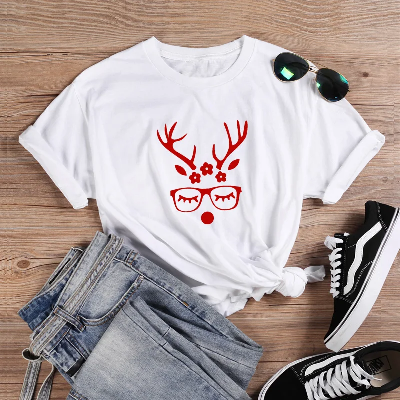 ONSEME Рождественская футболка с рисунком оленя летняя футболка с короткими рукавами и круглым вырезом Harajuku Современная Рождественская футболка с оленем Женская Q-840