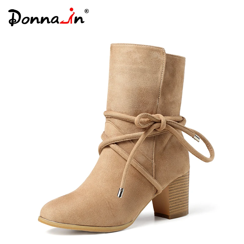 

Donnain Black Ankle Boots for women Autumn Spring Flock Block Heel Slip on Ladies Booties Casual Cross-tied botines mujer 2020