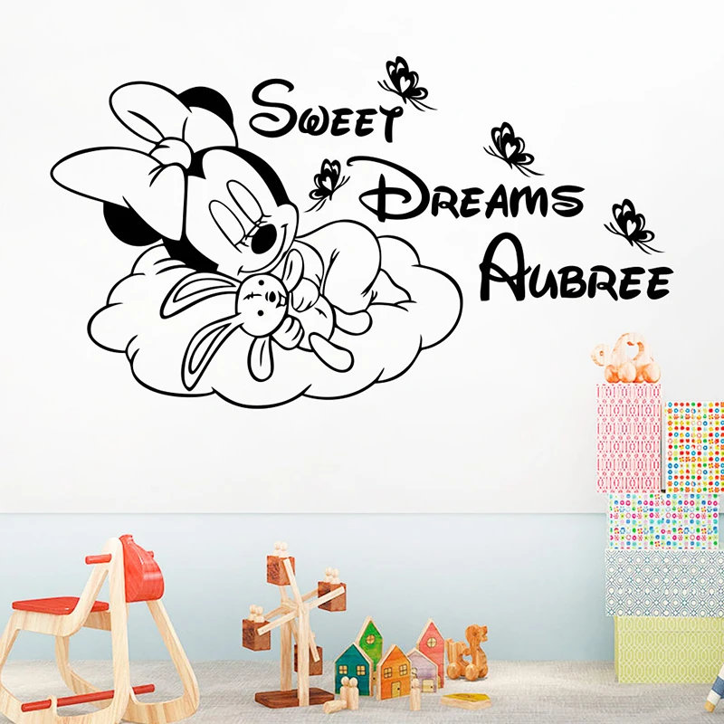 Cartoon Disney Minnie Mouse Sweet Dreams Vinyl Wall Sticker For Kids Room Decoration Nursery Baby Home Decor Mural Art Wallpaper
