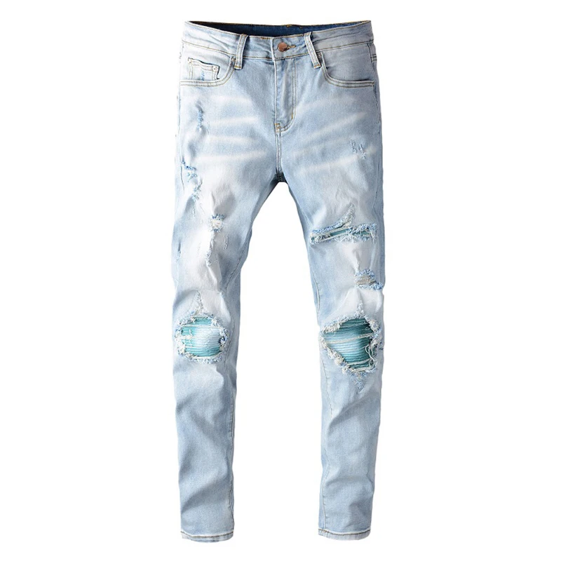 Men's light blue patchwork ripped biker jeans Streetwear slim skinny holes distressed stretch denim pants Men's light blue patchwork ripped biker jeans Streetwear slim skinny holes distressed stretch denim pants