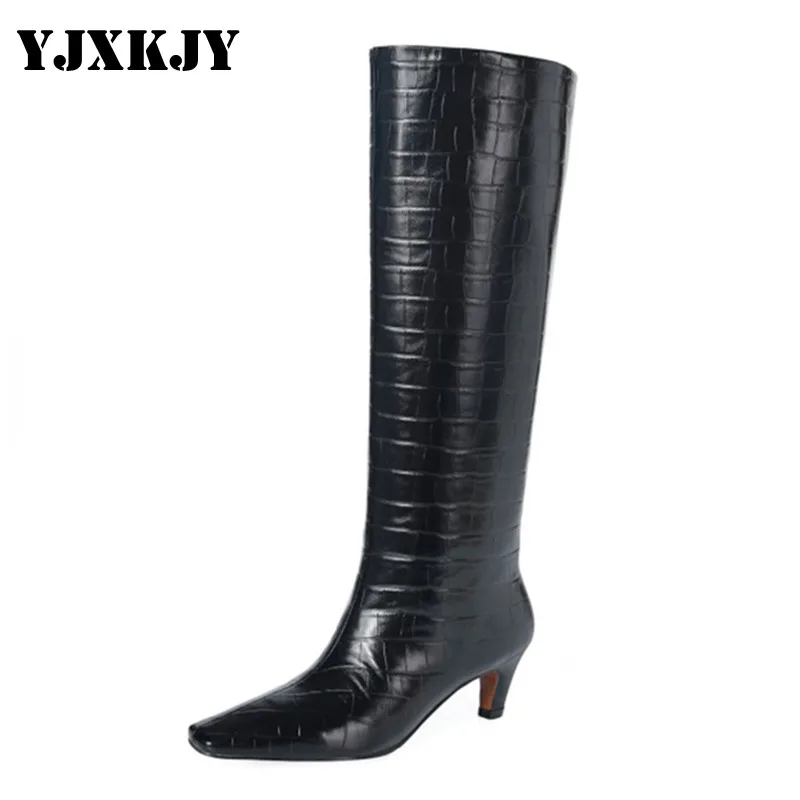 

YJXKJY New Fashion Women Knee High Natural Real Genuine Leather Ladies Sexy Stone Pattern Party Shoes Botas Mujer Straight Boots