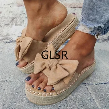 

Women Bowknot Slippers 2020 Summer Casual Beach Muffin Slip On Platform Ladies Sandals Dress Party Peep Toe Female Sandals