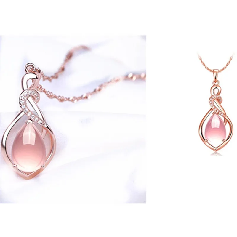 Natural Rose Stone Pendant Necklace Silver Jewelry Crystal Powder Water Drop Necklace For Women Gift