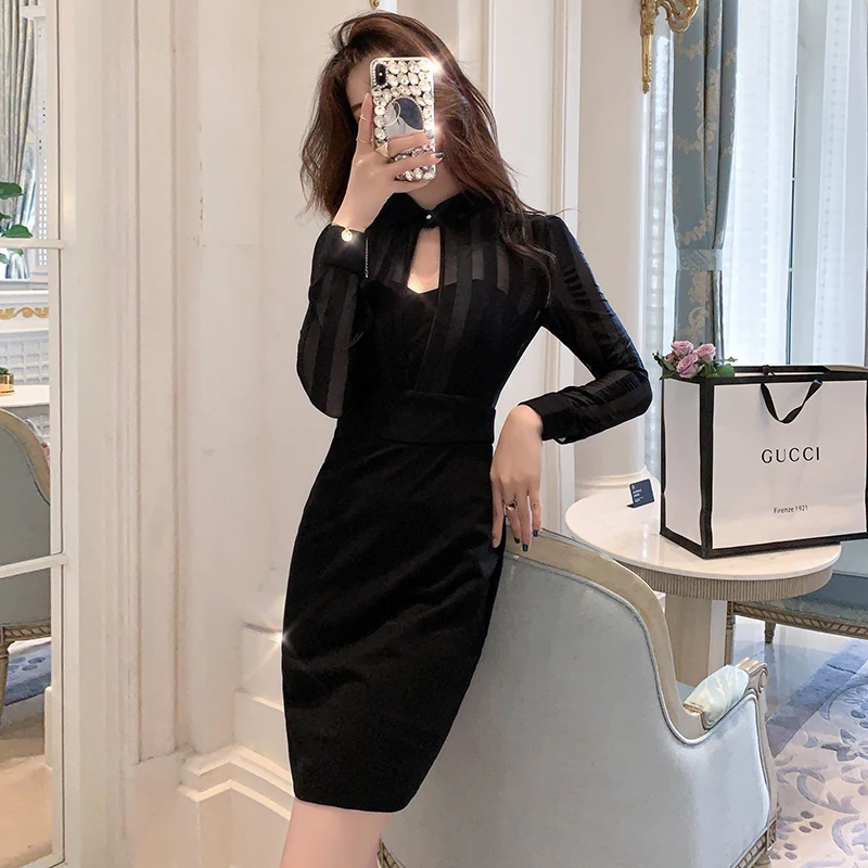 

New Short Sheath Slim Elegant Women Sexy Sheer Mesh Dress Solid Black Full Sleeve Above Knee Evening Formal Party Dress Mini