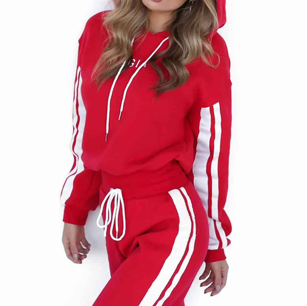 autumn two piece set Women Casual Colorblock Striped Hooded Long Sleeve Crop Tops+long Pants Running Workout Fitness Sports Suit