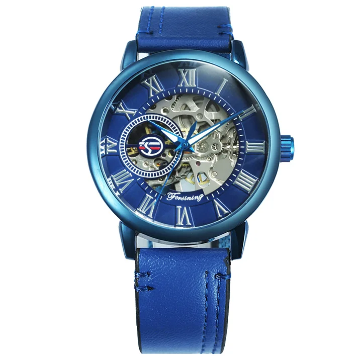 BLUE BLUE FORSINING новые мужские модные часы, мужские механические часы с синим скелетом, мужские часы от ведущего бренда, Роскошные наручные часы с кожаным ремешком - Цвет: BLUE BLUE