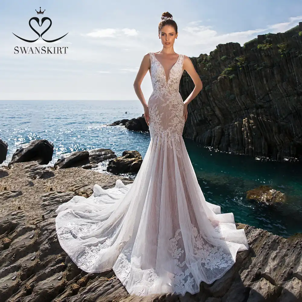 Vestido De Novia Sexy De Sirena Sin Espalda 2020 Swanskirt Deep Cuello Pico Apliques De Encaje Con Cuentas Vestido De Novia Ilusion Vestido De Noiva Uz30 Aliexpress