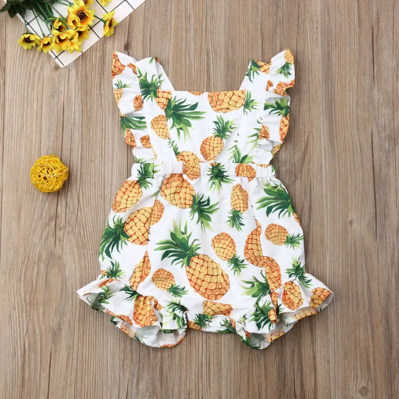 Брендовый хлопковый комбинезон для маленьких девочек, летняя одежда с открытой спиной, с принтом ананаса, с рукавами-крылышками, с бантом, милая одежда для малышей