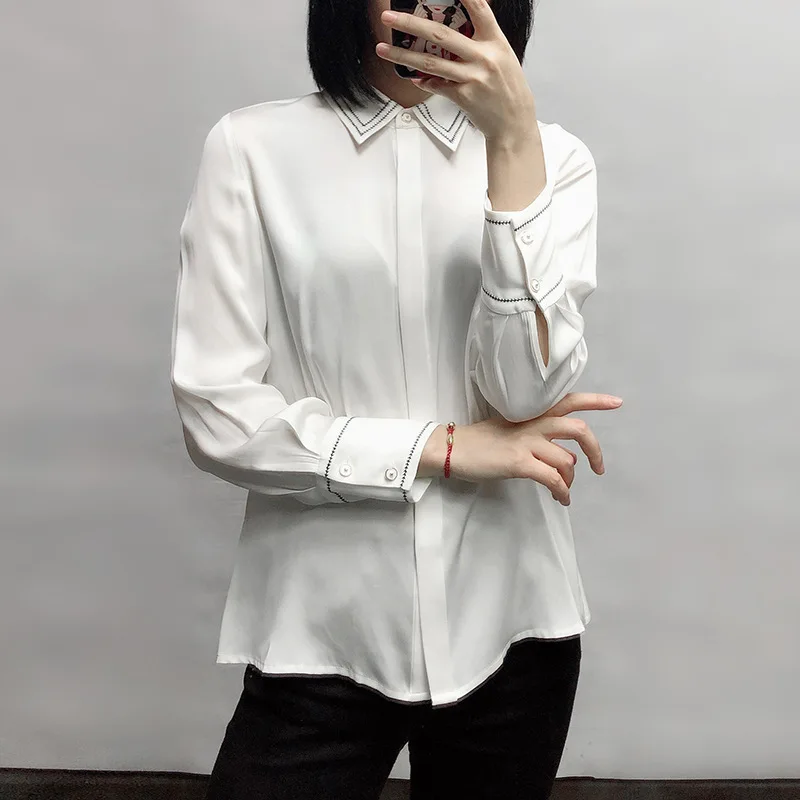 

2020 Spring Turn Down Collar High End Slim Real Silk 100% Shirts Long Sleeved White Blouses and Tops for Women Thick Silk Shirts