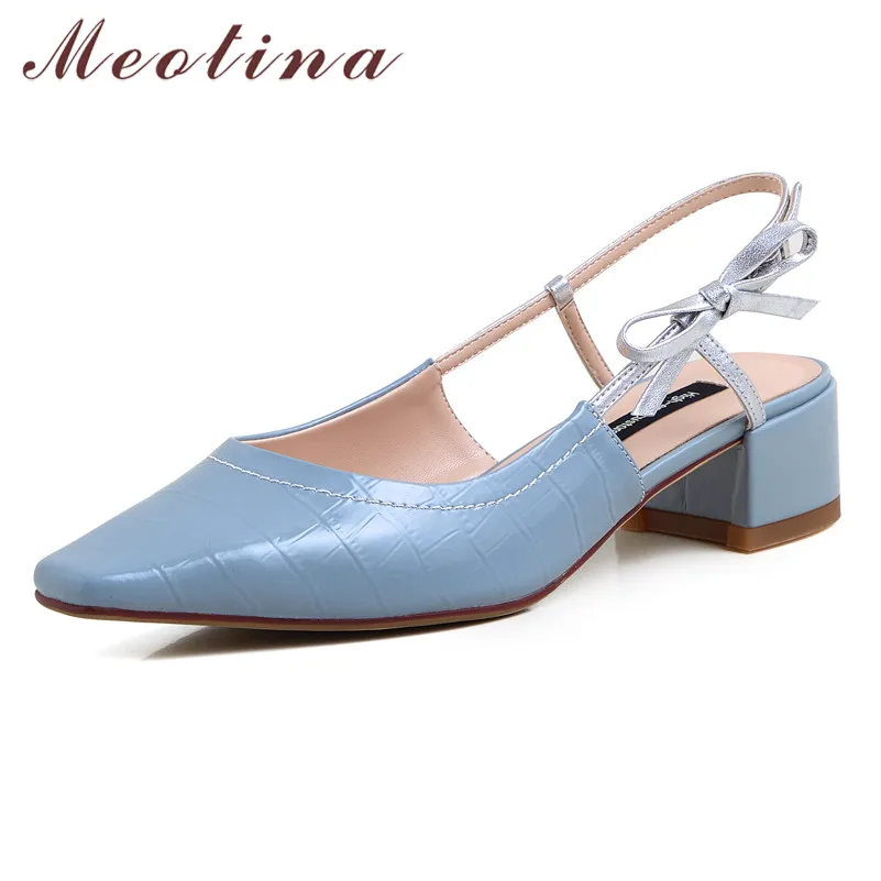 

Meotina Real Leather Mid Heel Slingbacks Pumps Bow Women Shoes Square Toe Block Heels Ladies Footwear Summer Beige Blue Size 40