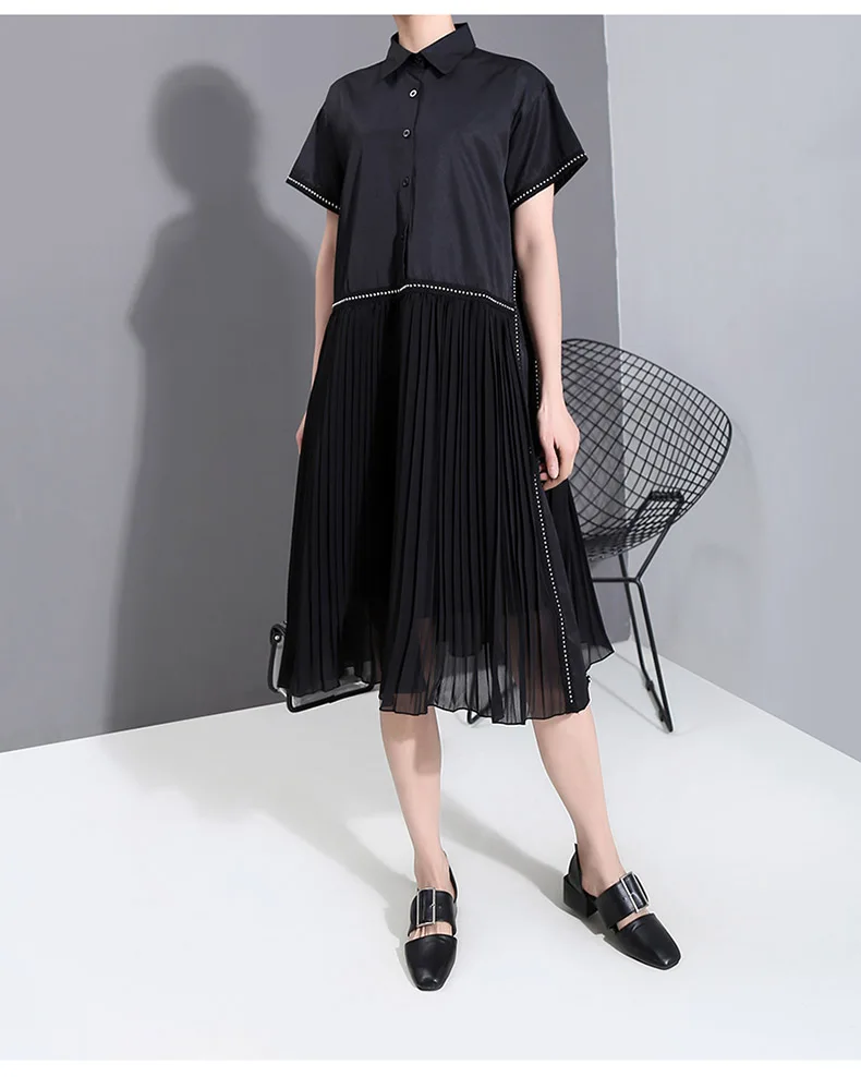 New Fashion Black Pleated Chiffon Hem Lapel Shirt Dress