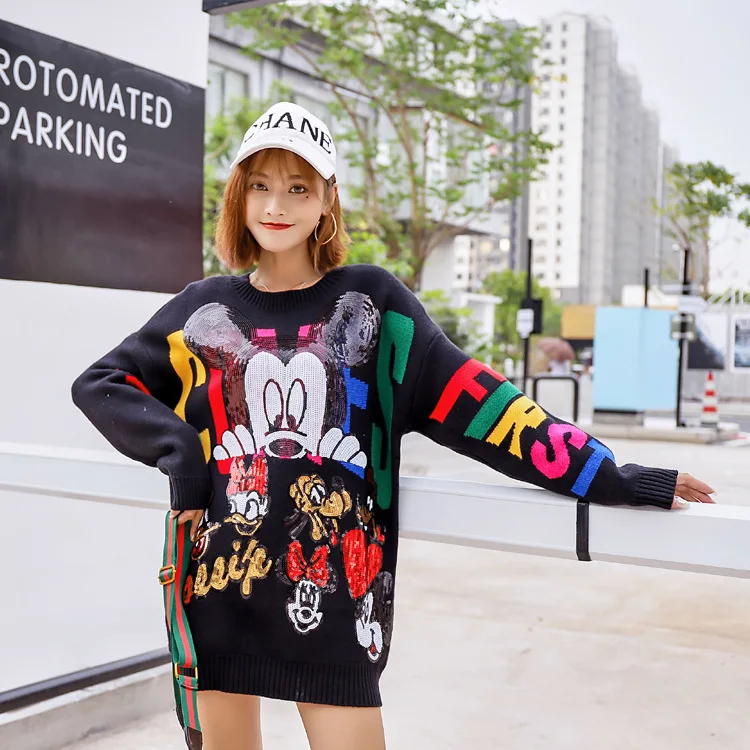 Thailand style sweater 2019 autumn and winter new cartoon sequins mini-mouse round collar knitted woman | Женская одежда