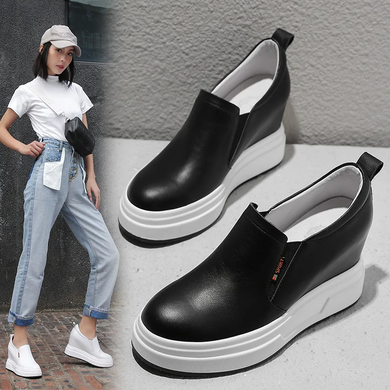 

White Shoes Women's 2019 Spring New Style Genuine Leather Thick Bottomed Elevator Shoes Women's Korean-style round-Toe Lace-up W