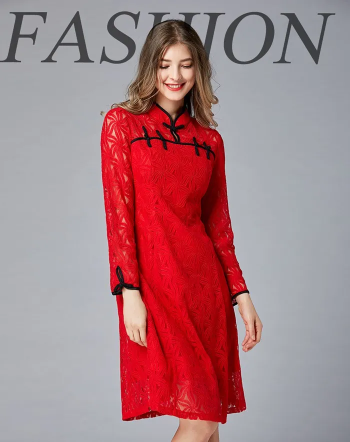 TAOYIZHUAI, осень, Новое поступление, китайский стиль, чонсам, кружевное платье, большой размер, отложной воротник, пуговицы, красный цвет, праздничные вечерние платья