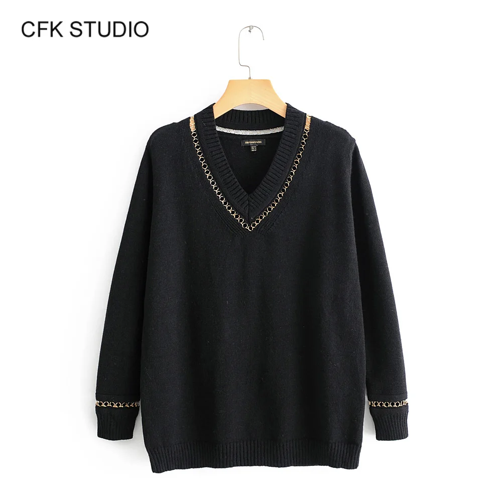 

women sweater 2019 new autumn solid v-neck sequined hollow out knit loose pullover femme elegant oversize cream winter sweater