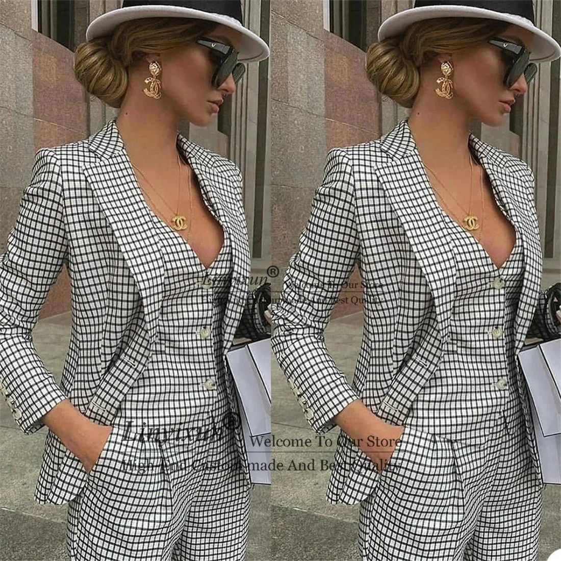 Primavera Autunno Abiti Donna Plaid Check Bianco Nero Madre Della Sposa Blazer 3 Pezzi Slim Fit Tailleur Femme Blazer Muslimah