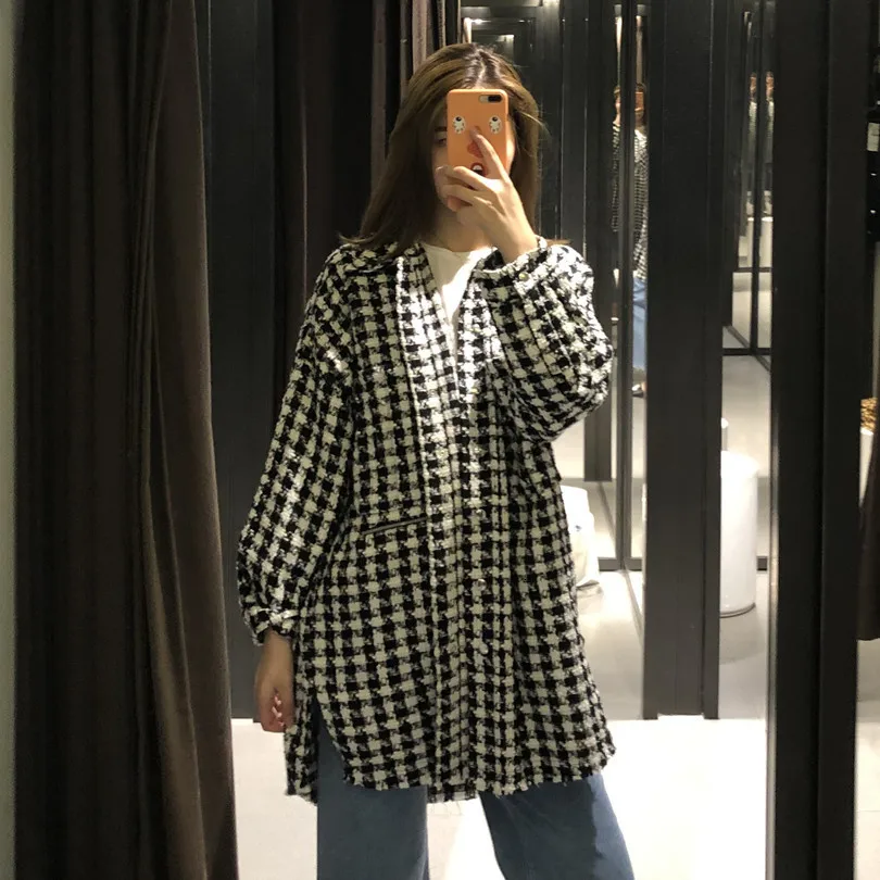 

[EWQ] 2019 Autumn Winter New Pattern Lapel Long Sleeve Single Breasted Casual Plaid Tweed Jacket 19C-a165-01-L