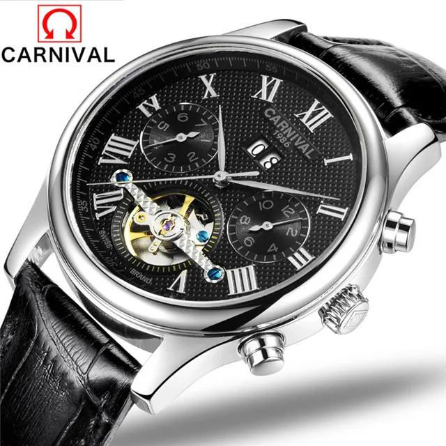 Leather Silver Black Relogio Masculino, карнавал, роскошные механические Спортивные часы, мужские часы, Лидирующий бренд, неделя, месяц, дата, автоматические наручные часы, мужские часы - Цвет: Leather Silver Black