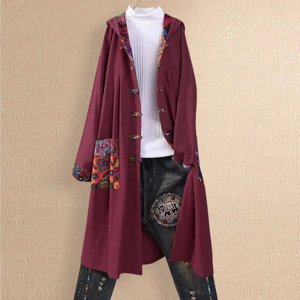 

Womens Cardigan Plus Size Print Button Pocket Shirts Loose Cardigan Patchwork Hooded Top blusa manga larga mujer W#