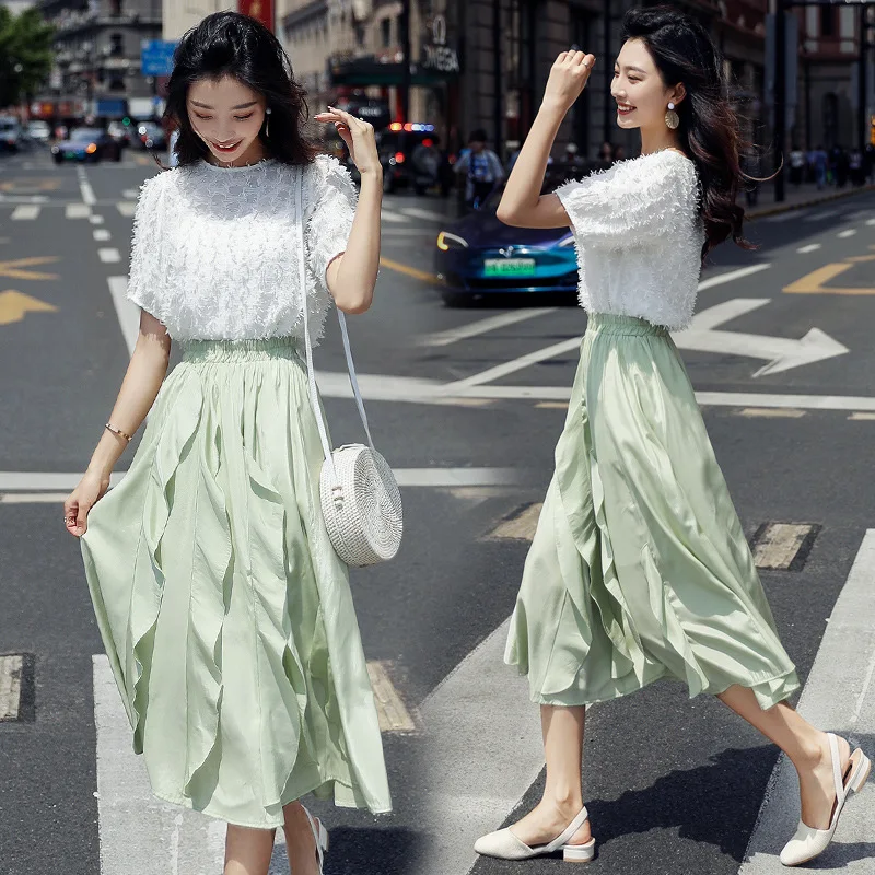 

Fashion Elegant Versatile 2019 Summer Korean-style Versatile Solid Color Simple Elegant Two-Piece Set