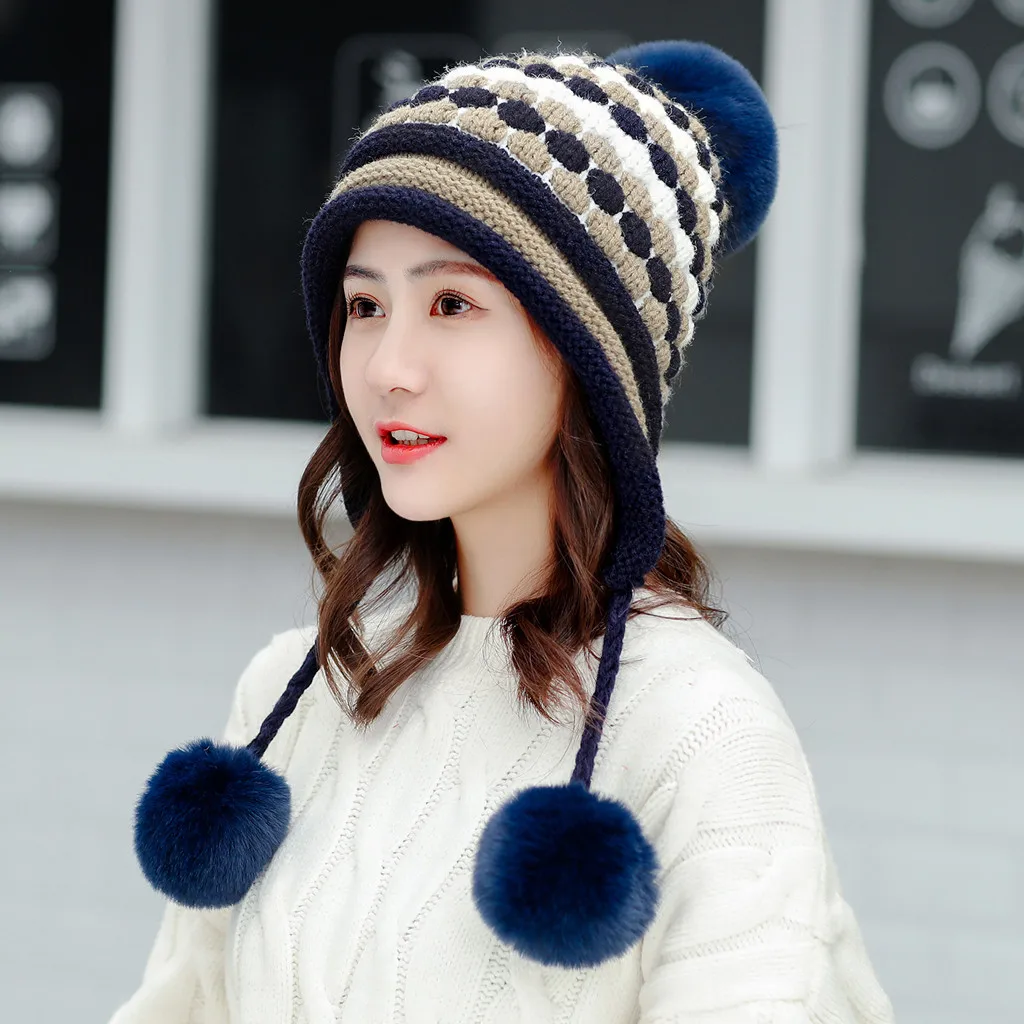 Women Fux Fur Ball Pendant Winter Warm Print Cap Female Baggy Knit Crochet Beanie Ski Casual Hat Lady Thick Bib Mask Earmuffs