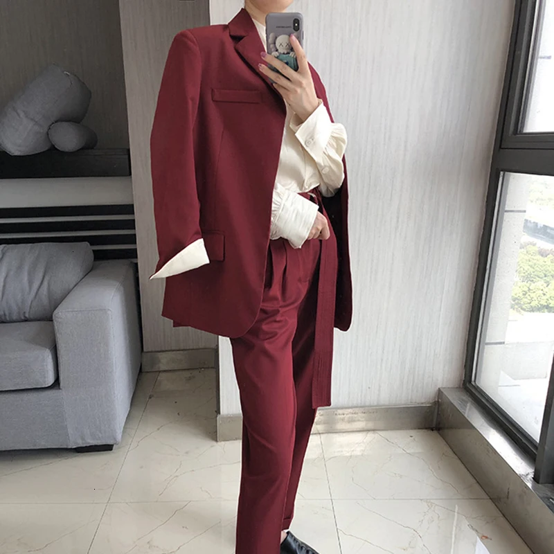 TWOTWINSTYLE Элегантный комплект из двух предметов женский воротник с лацканами длинный рукав на шнуровке хит цвет блейзеры Высокая талия с поясом костюмы женские
