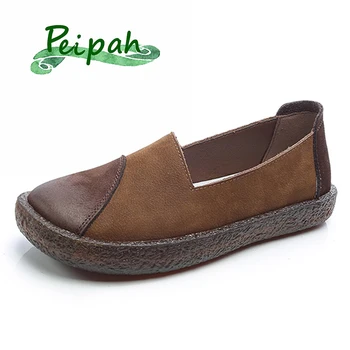 

PEIPAH Women Moccasins Genuine Leather Shoes Woman Ballet Flats Ladies Slip On Shoes Female Shallow Retro Flats Plus Size 35-43