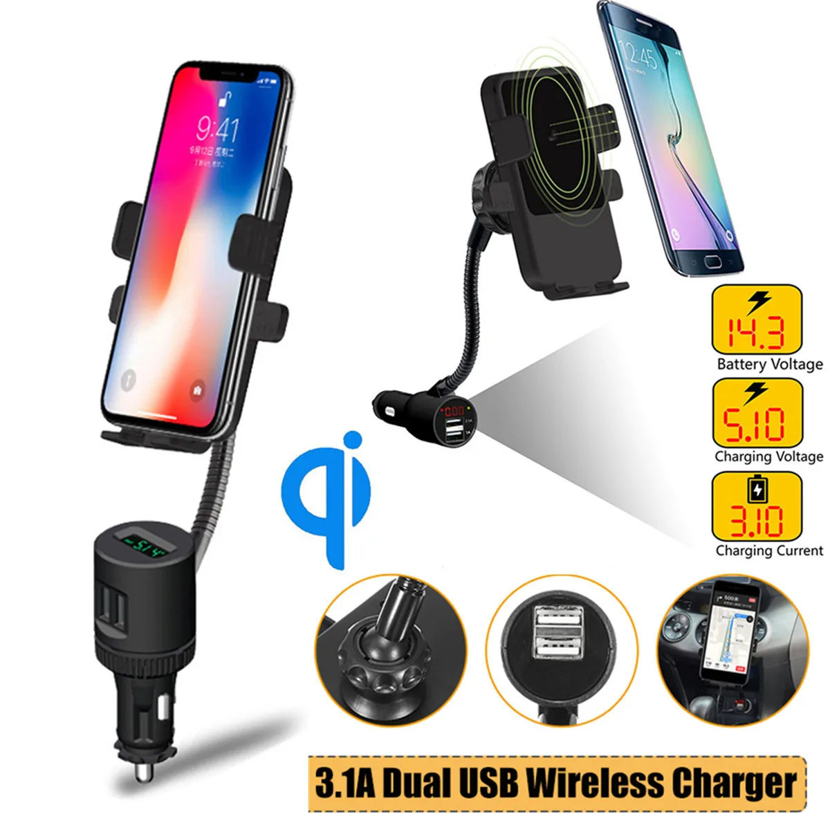 Qi Wireless Car Phone Charger Holder Cigarette Lighter Car Mount for iPhone XS Max X Dual USB Voltage Detector Fast Charging