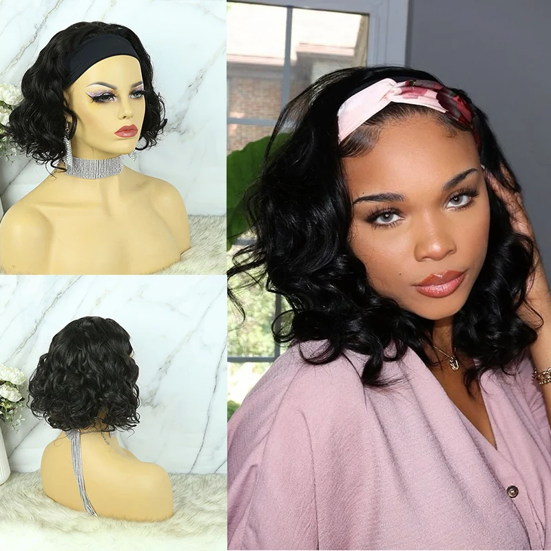 LuvinShort Bob Headband Wig Deep Wave Synthetic Hair Wigs 180% Density Curly Wig  Hair For Black Women Scarf Wigs With Headband