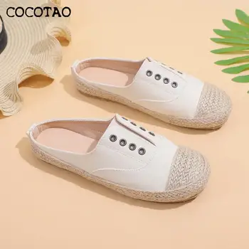 

Korean canvas half slippers women 2020 summer new fashion comfortable hemp rope woven lazy one pedal women's shoes