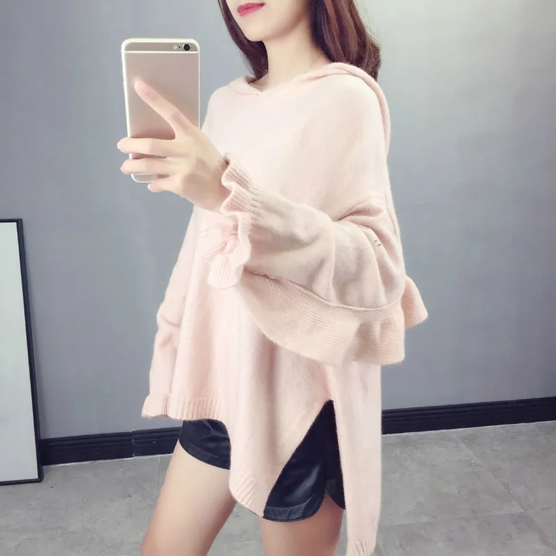 Neploe, корейский, толстый, Сумасшедший стиль, Pull Femme Hiver, элегантный, с оборками, с капюшоном, с бантом, свитер, однотонный, крест, осень, топы для пиллеров 45955 - Цвет: pink