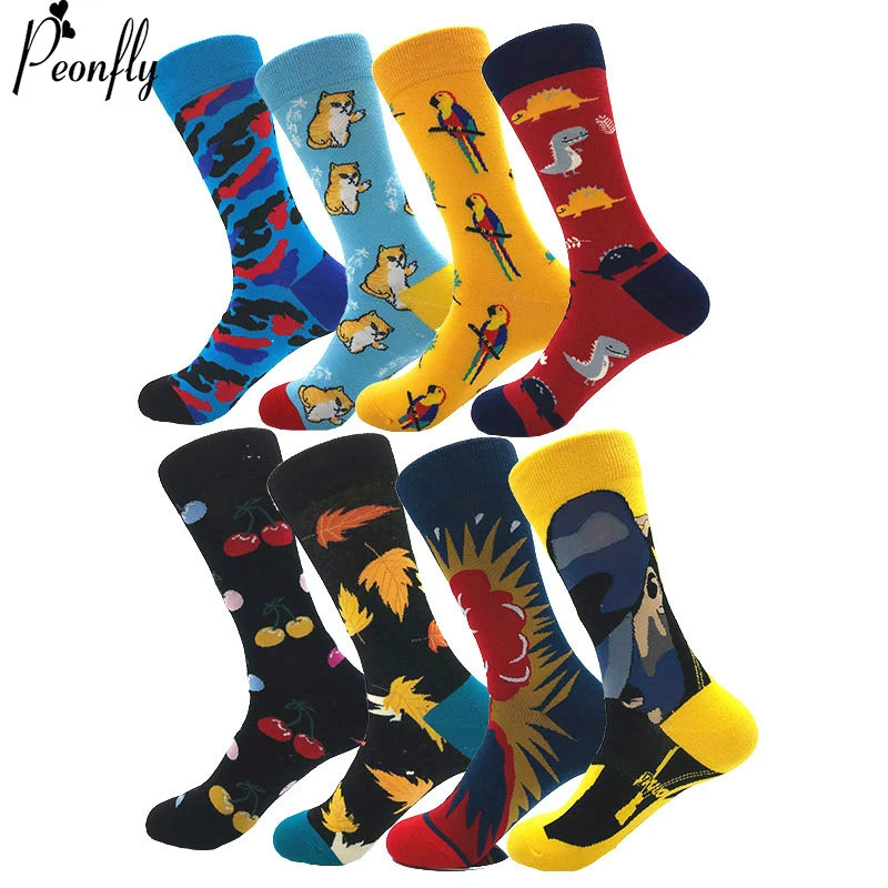 

PEONFLY Creative Men's Colorful Striped Cartoon Combed Cotton Happy Socks Crew Wedding Gift Casual Crazy Funny Socks Crazy