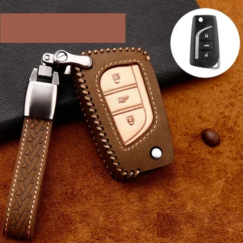 

Car Handmade Leather Key Case Key Cover Chain For Toyota Yaris Camry Corolla Prado REIZ Crown RAV4 Hilux Flip Folding key