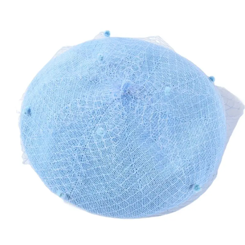 Sky Blue Французский стиль, женский, женский берет в стиле винтаж, кепка, элегантные, для банкета, чая, вечерние, свадебные, художника, одноцветная шляпа с сетчатой вуалью D08E - Цвет: Sky Blue