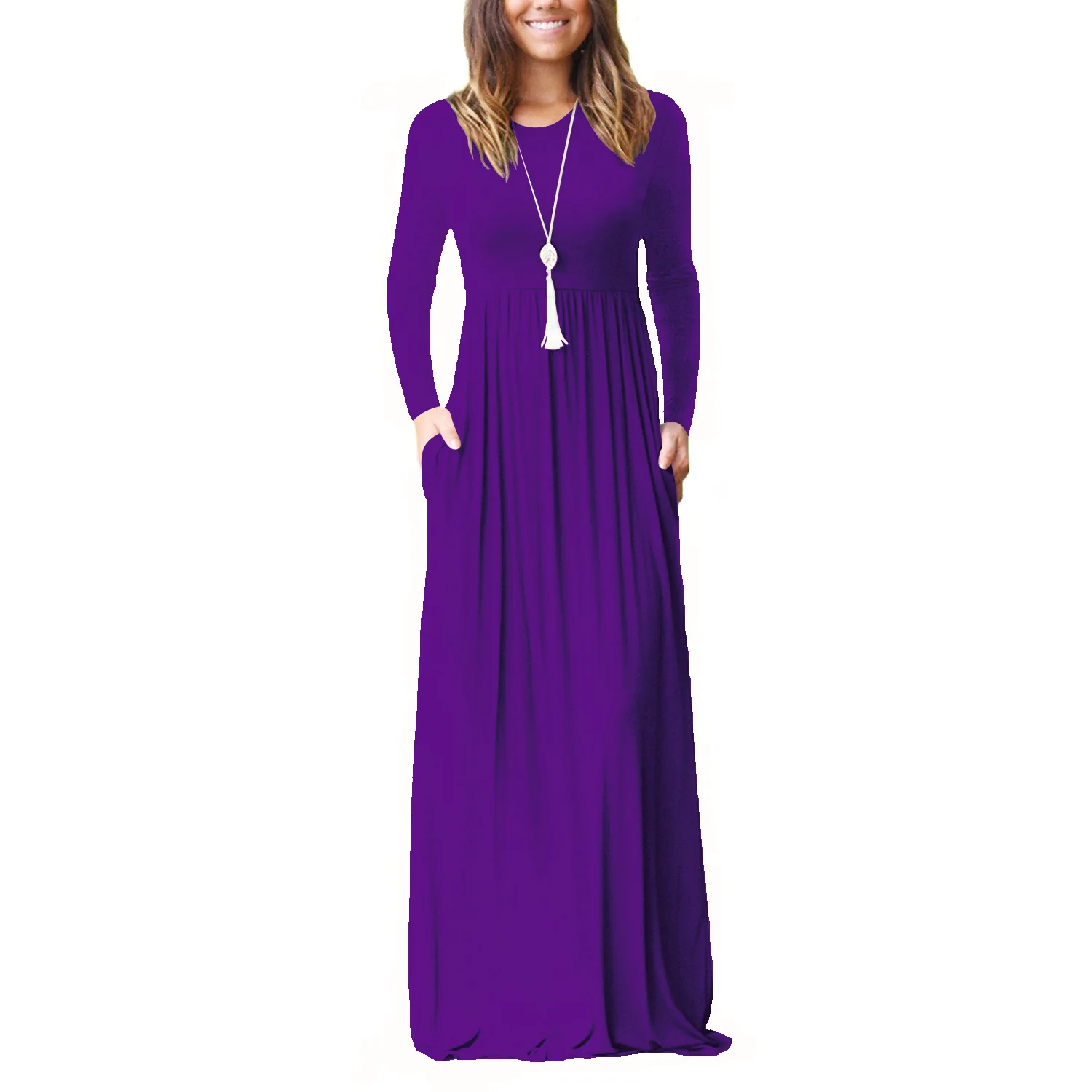 Женское осеннее черное платье, женские длинные платья размера плюс, Платье макси с карманами в стиле бохо, однотонные платья с длинным рукавом и круглым вырезом размера плюс GV812 - Цвет: Purple