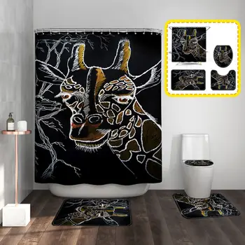 

Toilet And Bathroom Mat Graffiti Giraffe Print Shower Curtain Floor Mat Four-piece Bathroom Mat Set Partition Curtain