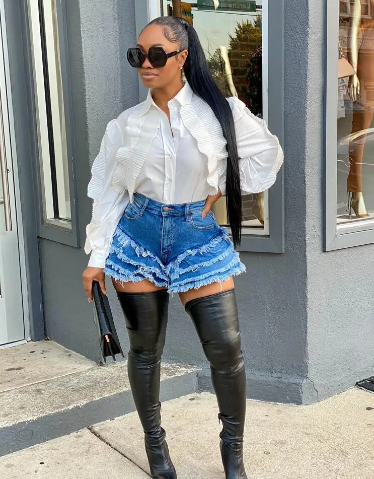 Echoine Ruffle Tassel Denim Shorts High 