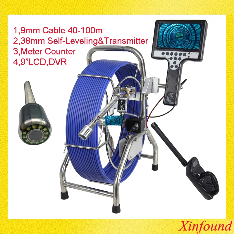 

9mm 60M DVR Sewer Drain camera 38mm Transmitter sonde endoscope inspection camera self leving Sewer Cameras with meter counter