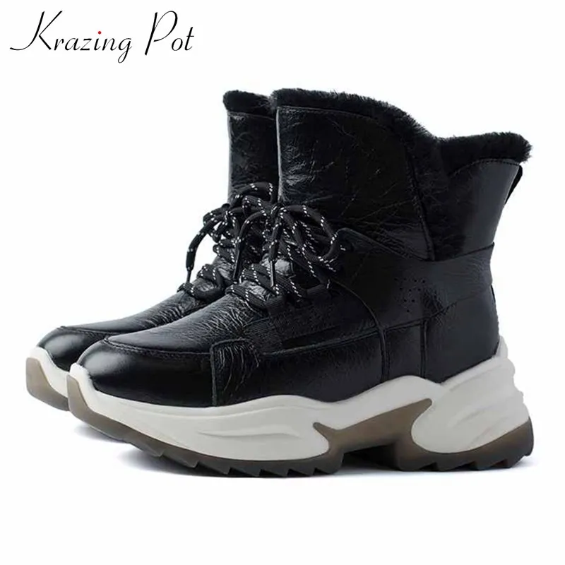 

krazing pot super keep warm cow leather snow boots round toe high heels thick bottom women winter fashion cozy ankle boots L50