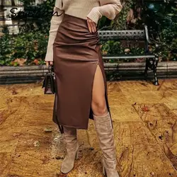 Sólido couro pu split saia za 2021 feminino uma linha ruched alta fenda midi saias outono inverno jupe femme moda faldas mujer novo