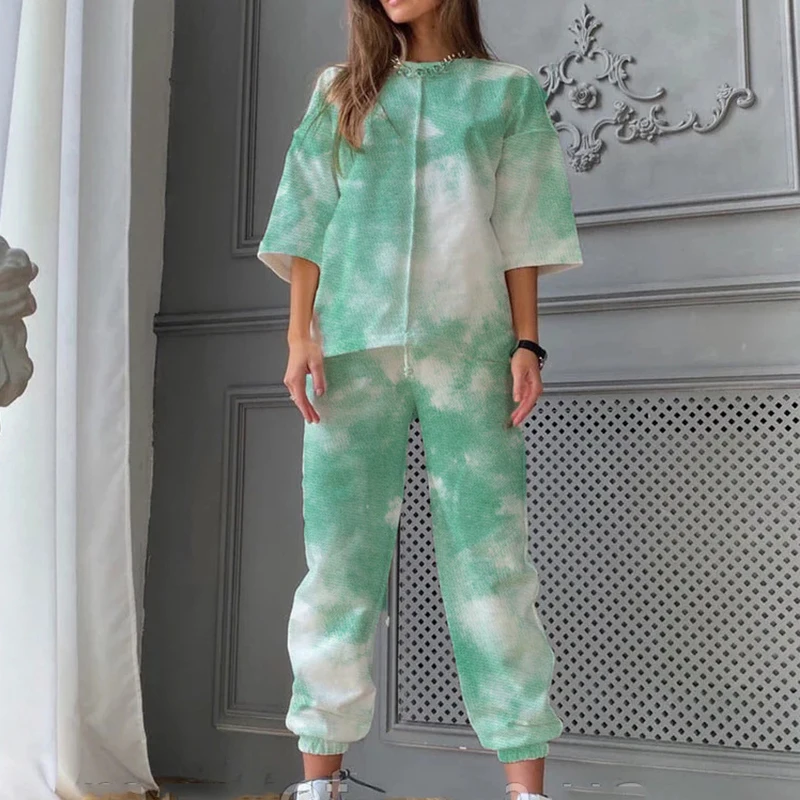Fashion summer new printed casual comfortable home pants sweat suit 2021 O-Neck print two piece set women sets womens outfit |