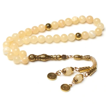 

Handmade natural beige jade round beads gold tassel muslim tasbih misbaha