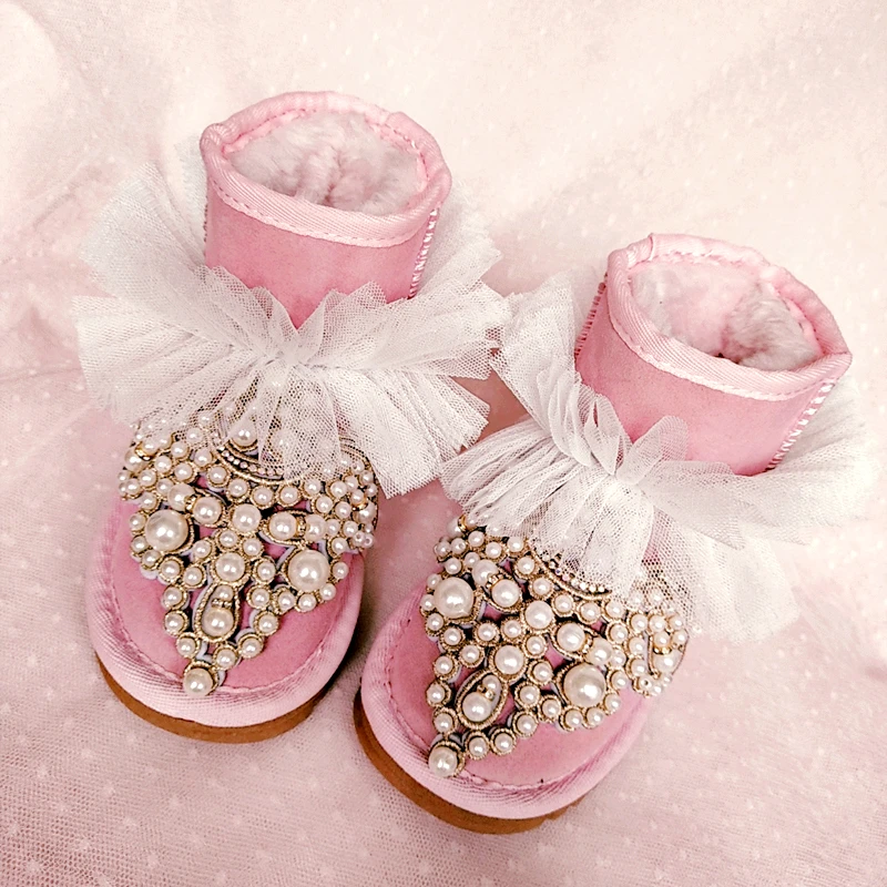 Pink Pearl Зимние детские ботинки; ботинки до середины икры с жемчужинами для маленьких девочек; обувь из натуральной кожи для малышей; женские брендовые ботинки; стразы; слипоны - Цвет: Pink Pearl