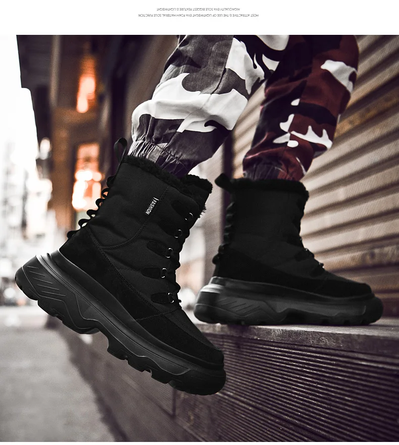 ERNESTNM/Новые черные ботинки мужские ботинки до середины икры из водонепроницаемой ткани теплые плюшевые пинетки Дамская обувь размера плюс женская обувь на платформе армейские ботинки