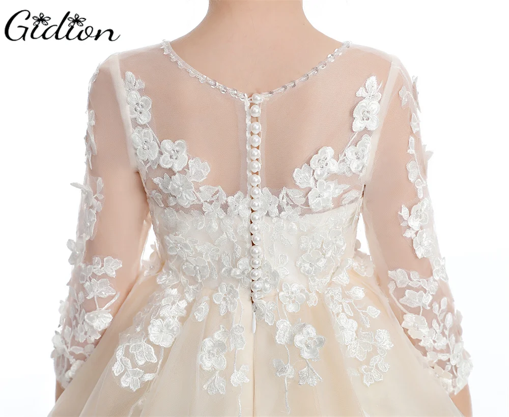 Puffy Tulle Appliques Baby Ball Gown Flower Girl Dresses Long Sleeve Princess Dress Wedding Party Dress First Communion