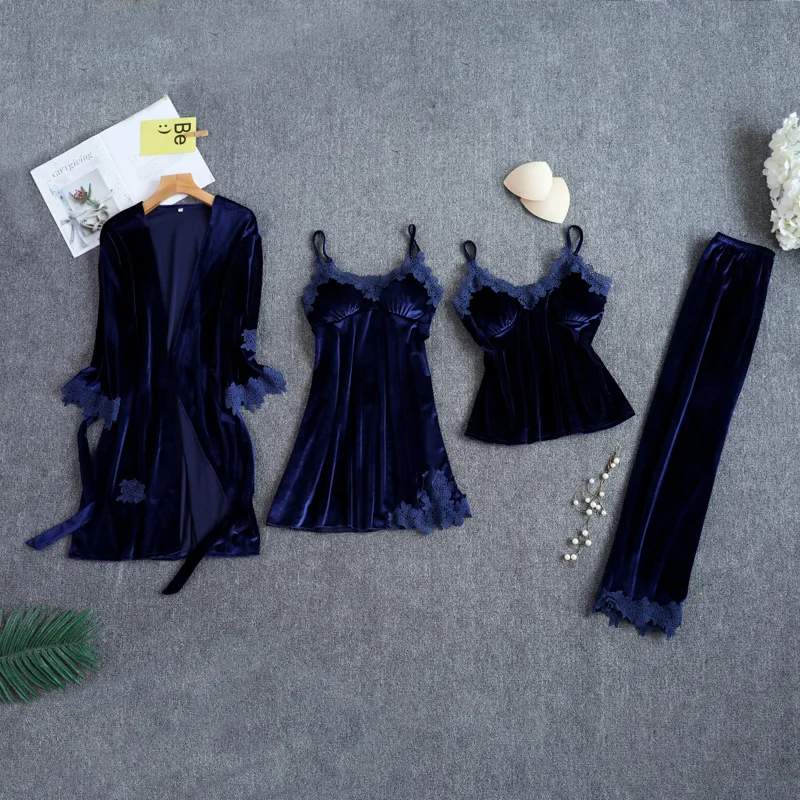navy blue Велюровые пижамы женские с нагрудными накладками сексуальные женские пижамы кружевные пижамы для отдыха для сна 4 штуки наборы Дамская домашняя одежда - Цвет: navy blue