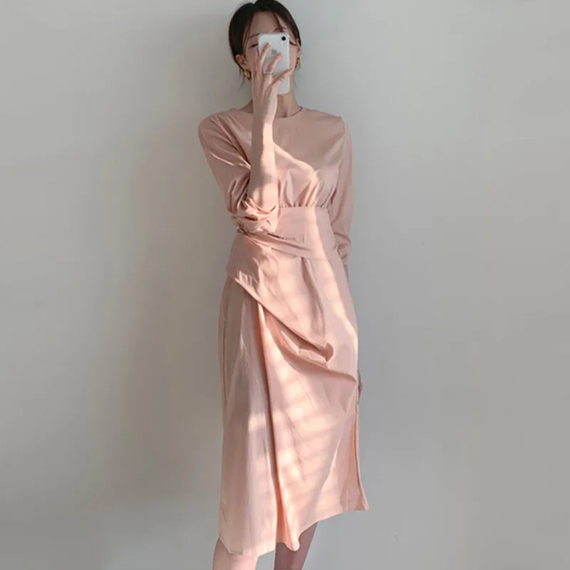 

French Style Retro Half Lantern Sleeve Slim Waisted Folded Tunic Wrap Dresses Ladies Elegant Asymmetric Women Long Summer Dress