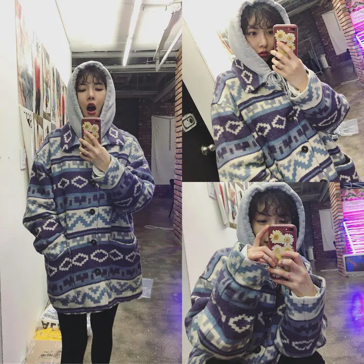 Kpop 4Minute Kim Hyun/одинаковые жаккардовые однобортные толстовки с отворотом, женские корейские Осенние теплые шерстяные Свободные толстовки, Женское пальто