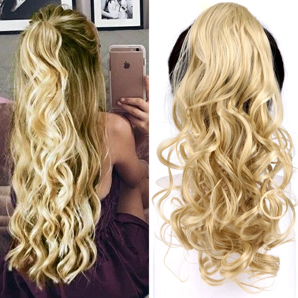 

22 Inch Long Wavy Ponytail Synthetic Hair for Women Drawstring High Temperature Fiber Water Wave Black Blonde Pony tail Hair Pie